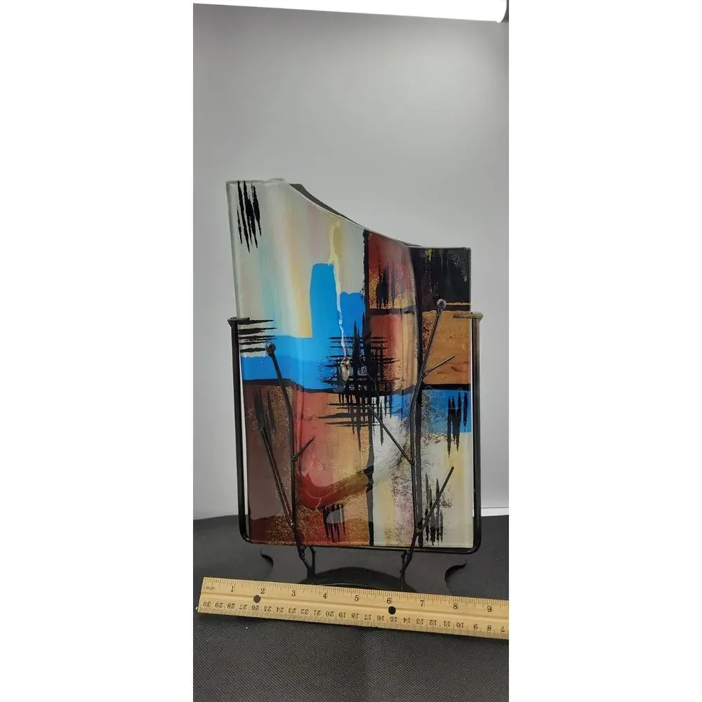Abstract Art Glass Vase w/ Metal Stand Mid Century Modern Multicolor Decorative